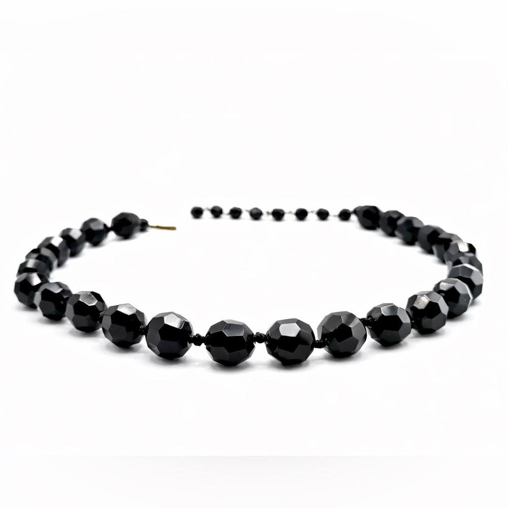 Vintage W Germany Black Faceted Glass Bead Necklace Knotted 13.8mm